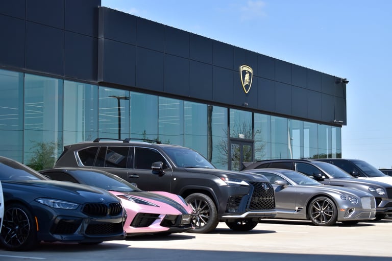Luxury Lamborghini dealership showcasing high-end sports cars in premium showroom environment