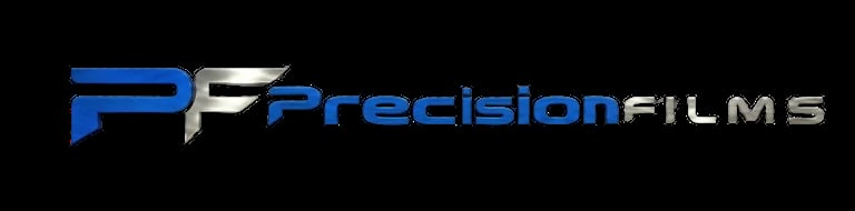 Precision Films logo featuring blue and silver design with stylized PF initials on black background